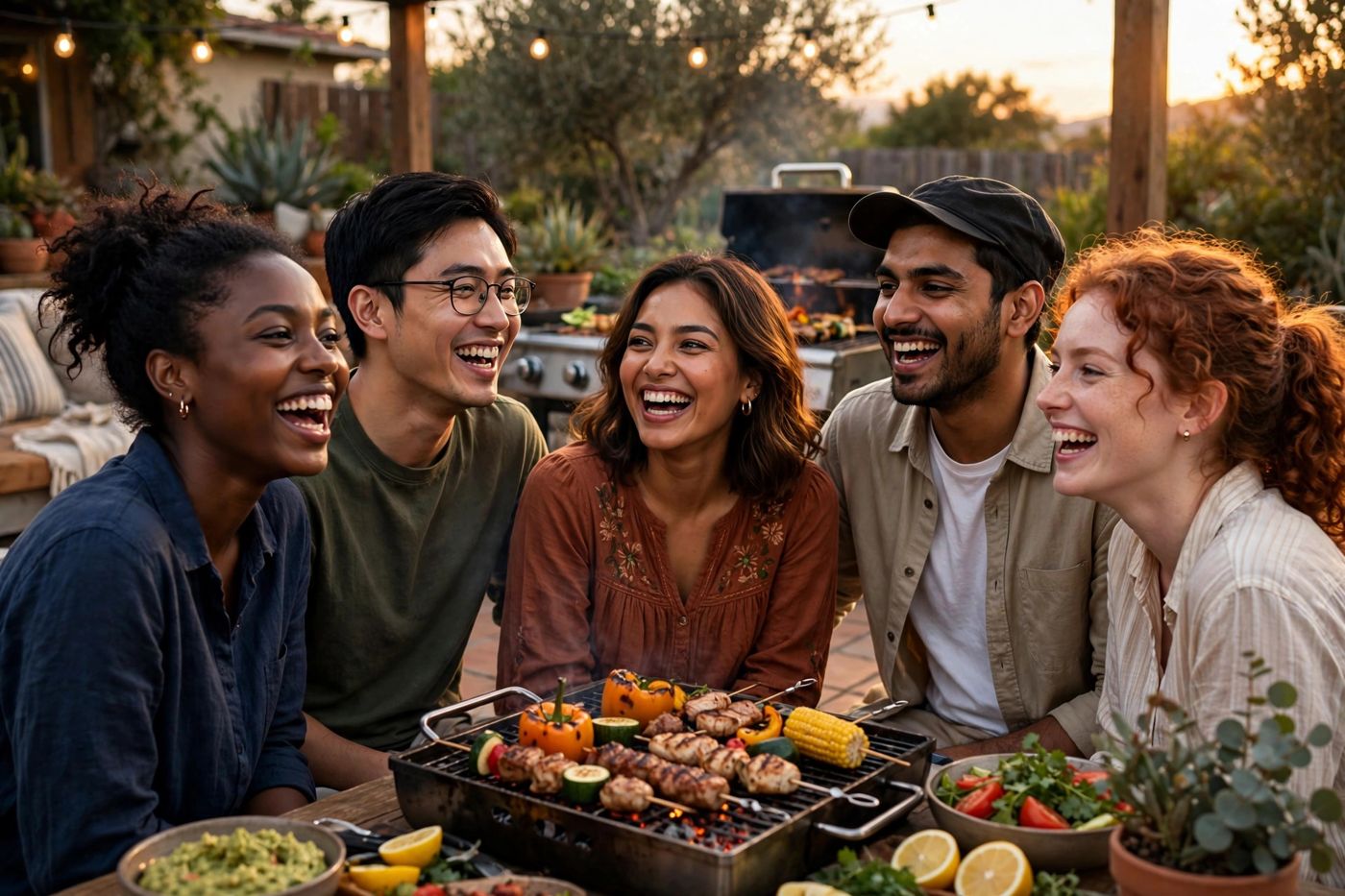Grupo diverso de amigos riendo juntos en una parrillada al atardecer